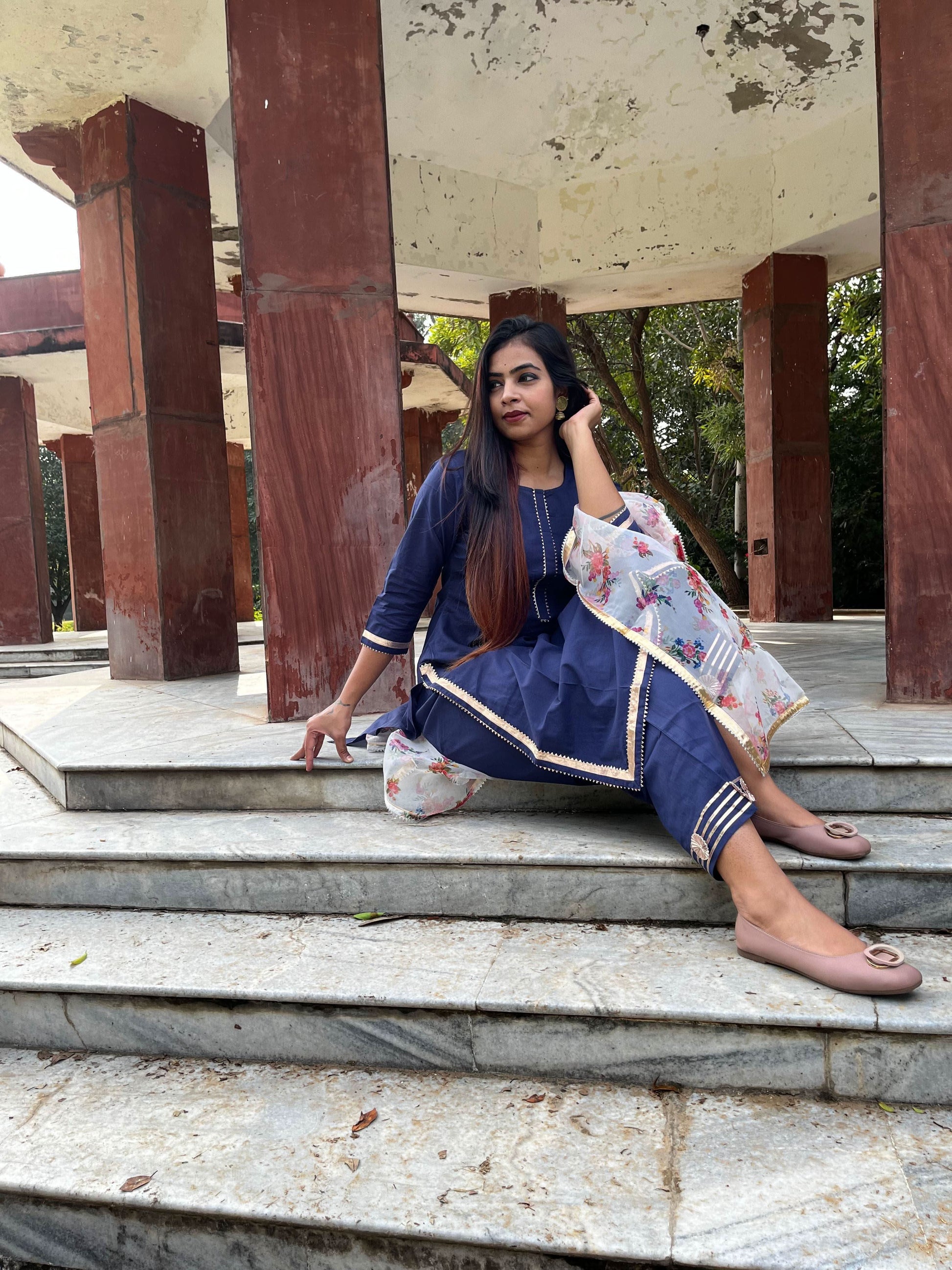 Vedic Ethnic Motifs Blue Straight kurta plazzo with Dupatta - Vedic Apparel Private Limited