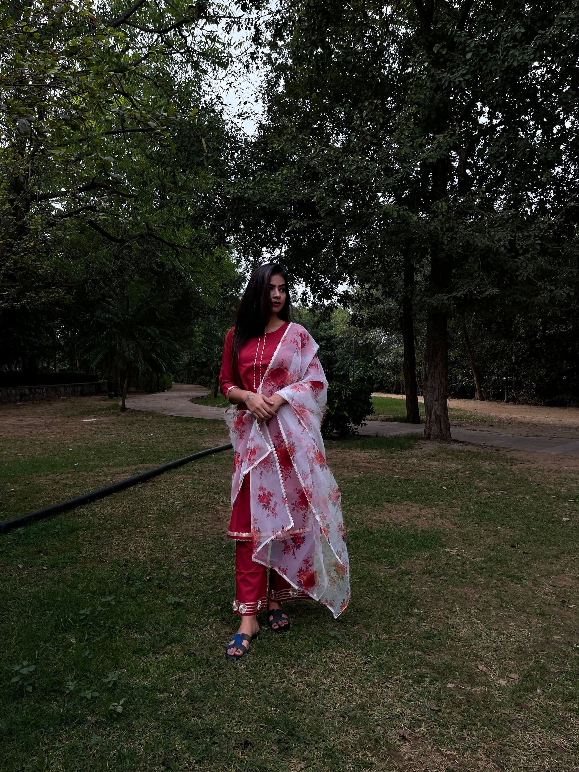 Vedic Ethnic Motifs Red Straight kurta plazzo with Dupatta - Vedic Apparel Private Limited