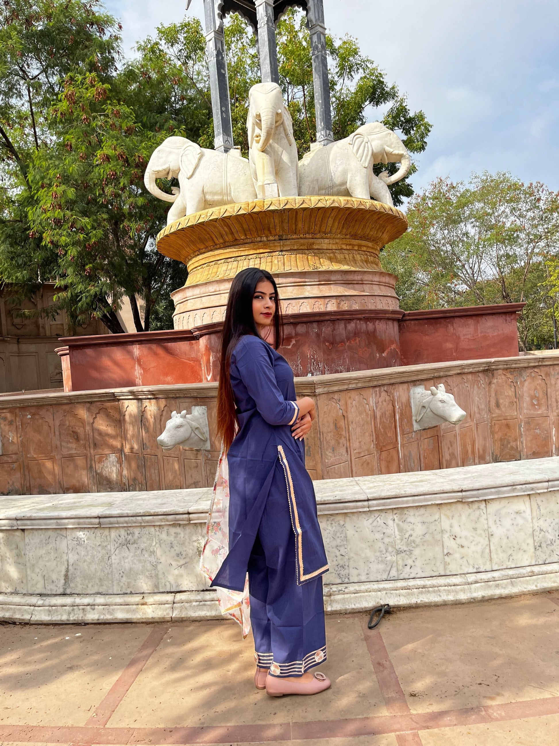 Vedic Ethnic Motifs Blue Straight kurta plazzo with Dupatta - Vedic Apparel Private Limited