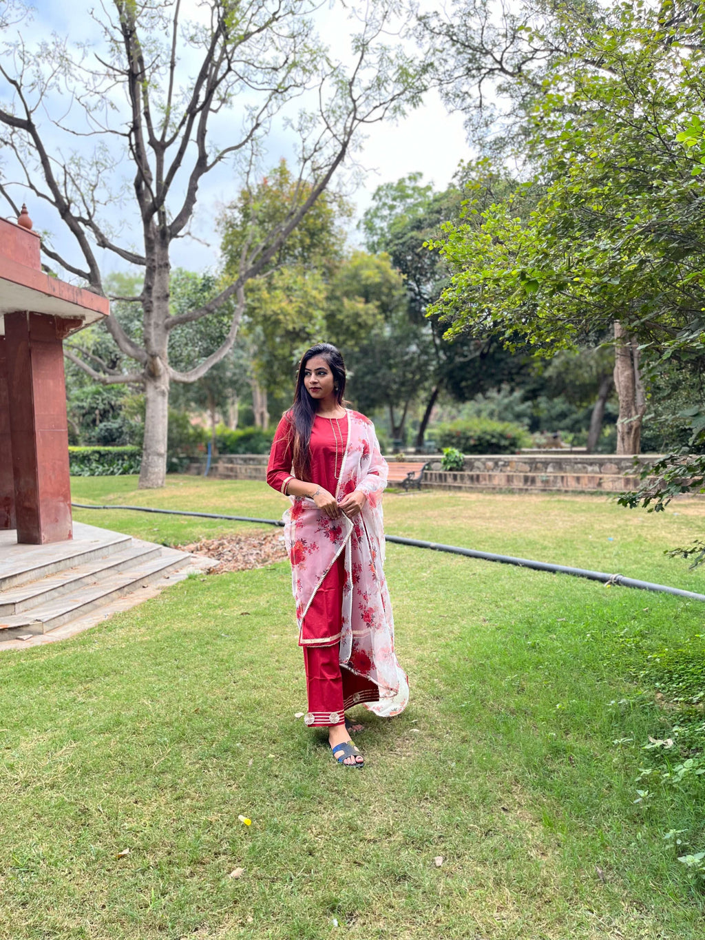 Vedic Ethnic Motifs Red Straight kurta plazzo with Dupatta - Vedic Apparel Private Limited