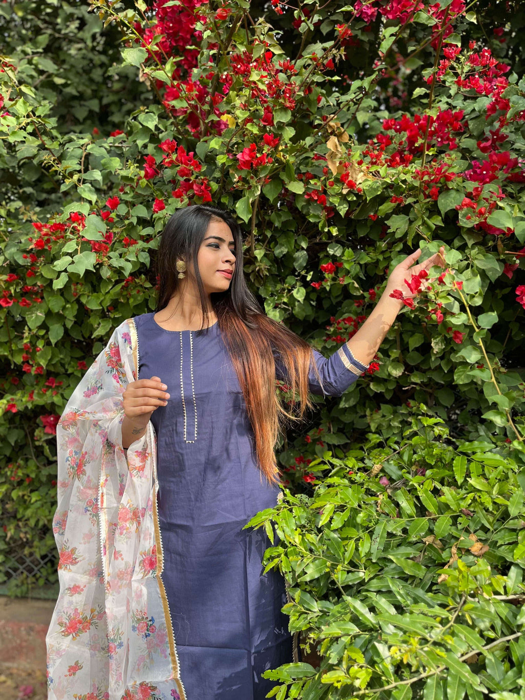 Vedic Ethnic Motifs Blue Straight kurta plazzo with Dupatta - Vedic Apparel Private Limited