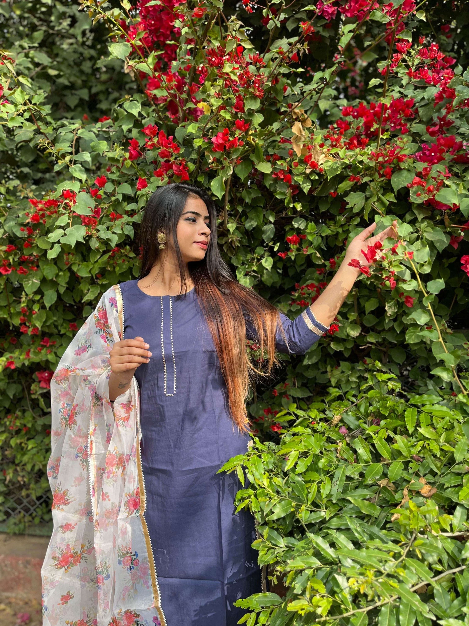 Vedic Ethnic Motifs Blue Straight kurta plazzo with Dupatta - Vedic Apparel Private Limited