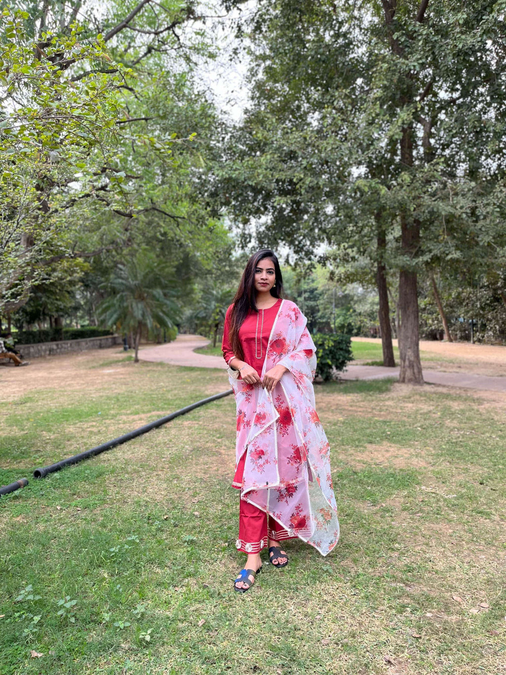 Vedic Ethnic Motifs Red Straight kurta plazzo with Dupatta - Vedic Apparel Private Limited