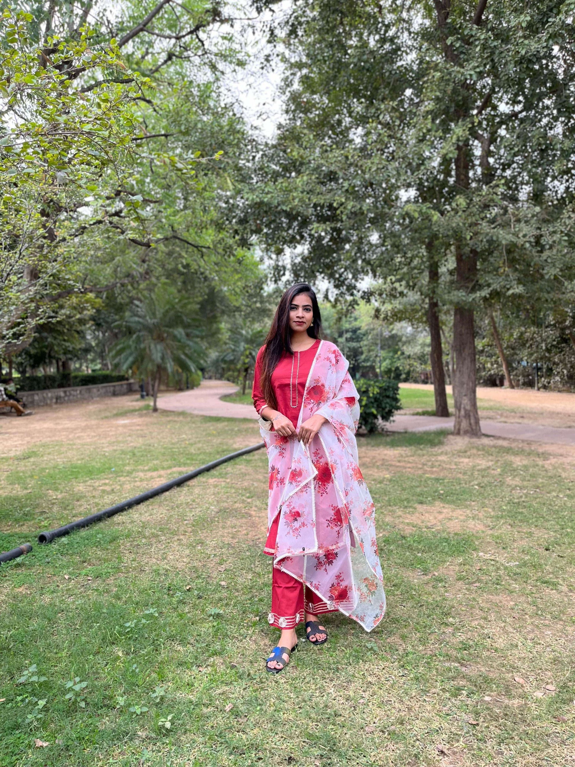 Vedic Ethnic Motifs Red Straight kurta plazzo with Dupatta - Vedic Apparel Private Limited