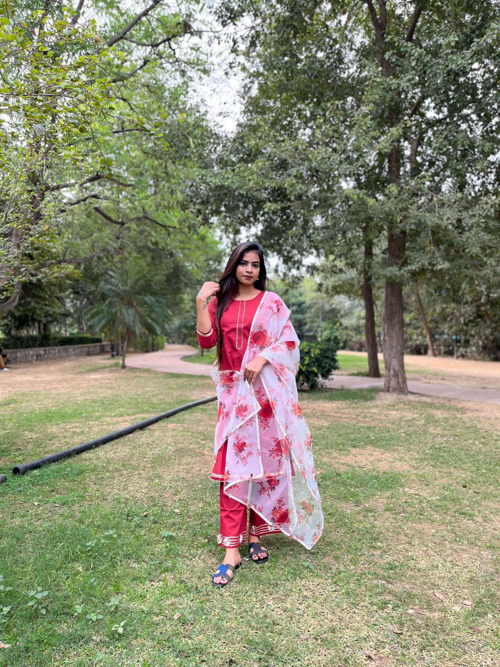 Vedic Ethnic Motifs Red Straight kurta plazzo with Dupatta - Vedic Apparel Private Limited