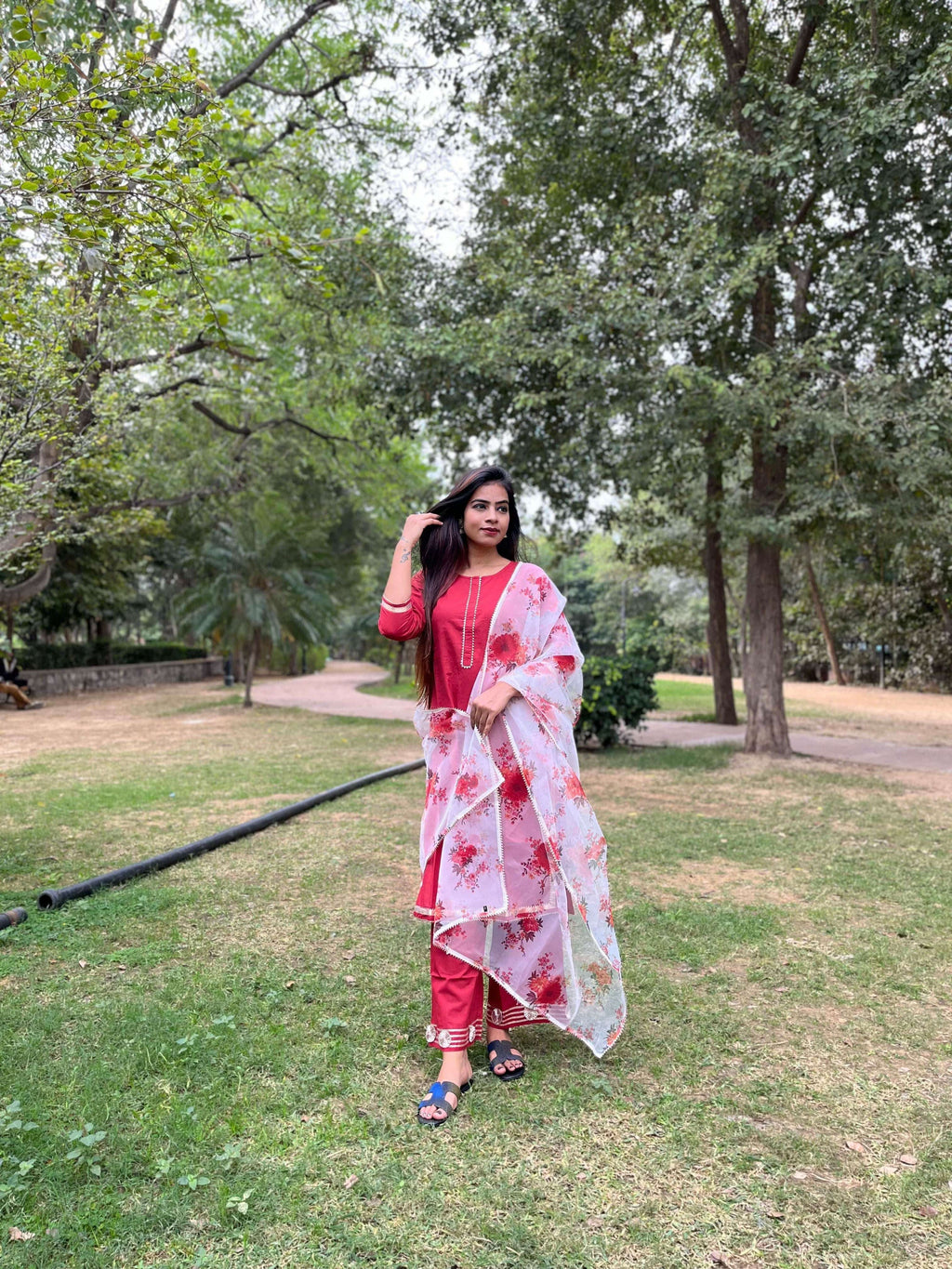 Vedic Ethnic Motifs Red Straight kurta plazzo with Dupatta - Vedic Apparel Private Limited