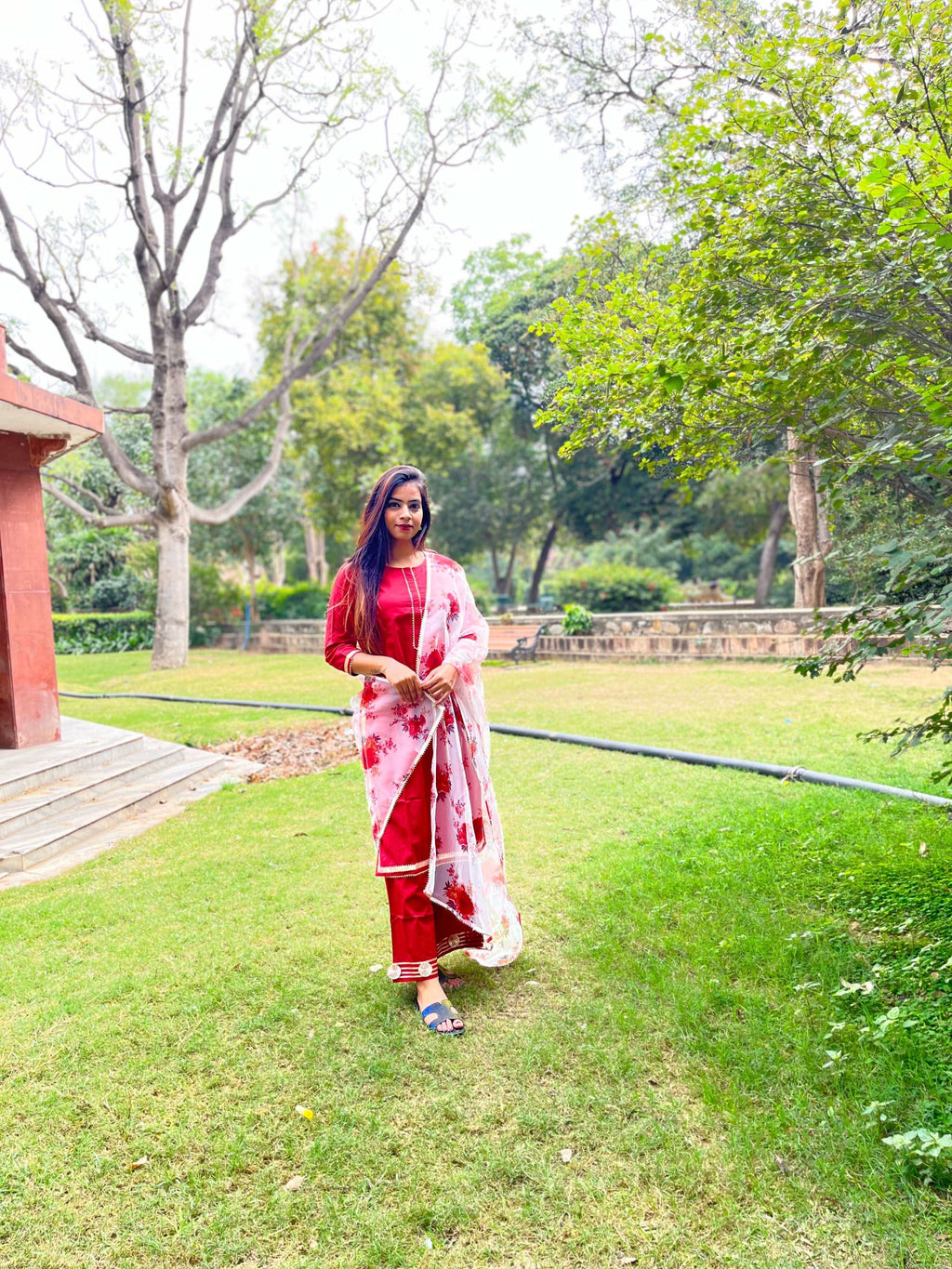 Vedic Ethnic Motifs Red Straight kurta plazzo with Dupatta - Vedic Apparel Private Limited