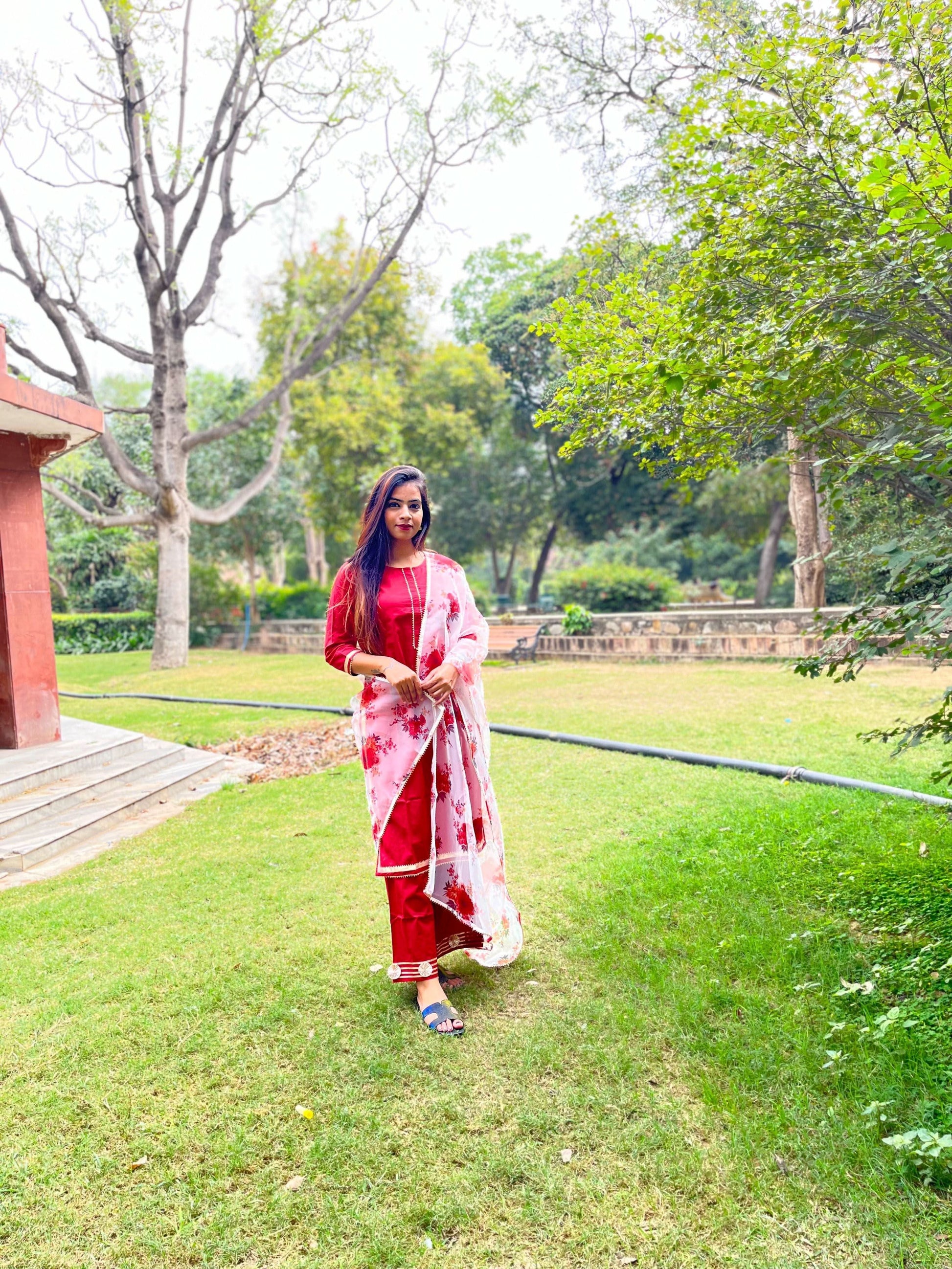 Vedic Ethnic Motifs Red Straight kurta plazzo with Dupatta - Vedic Apparel Private Limited