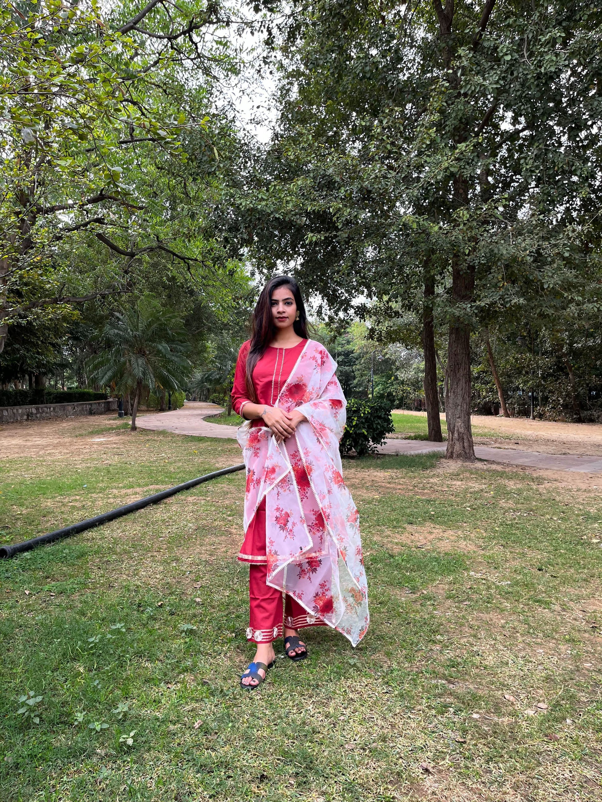 Vedic Ethnic Motifs Red Straight kurta plazzo with Dupatta - Vedic Apparel Private Limited