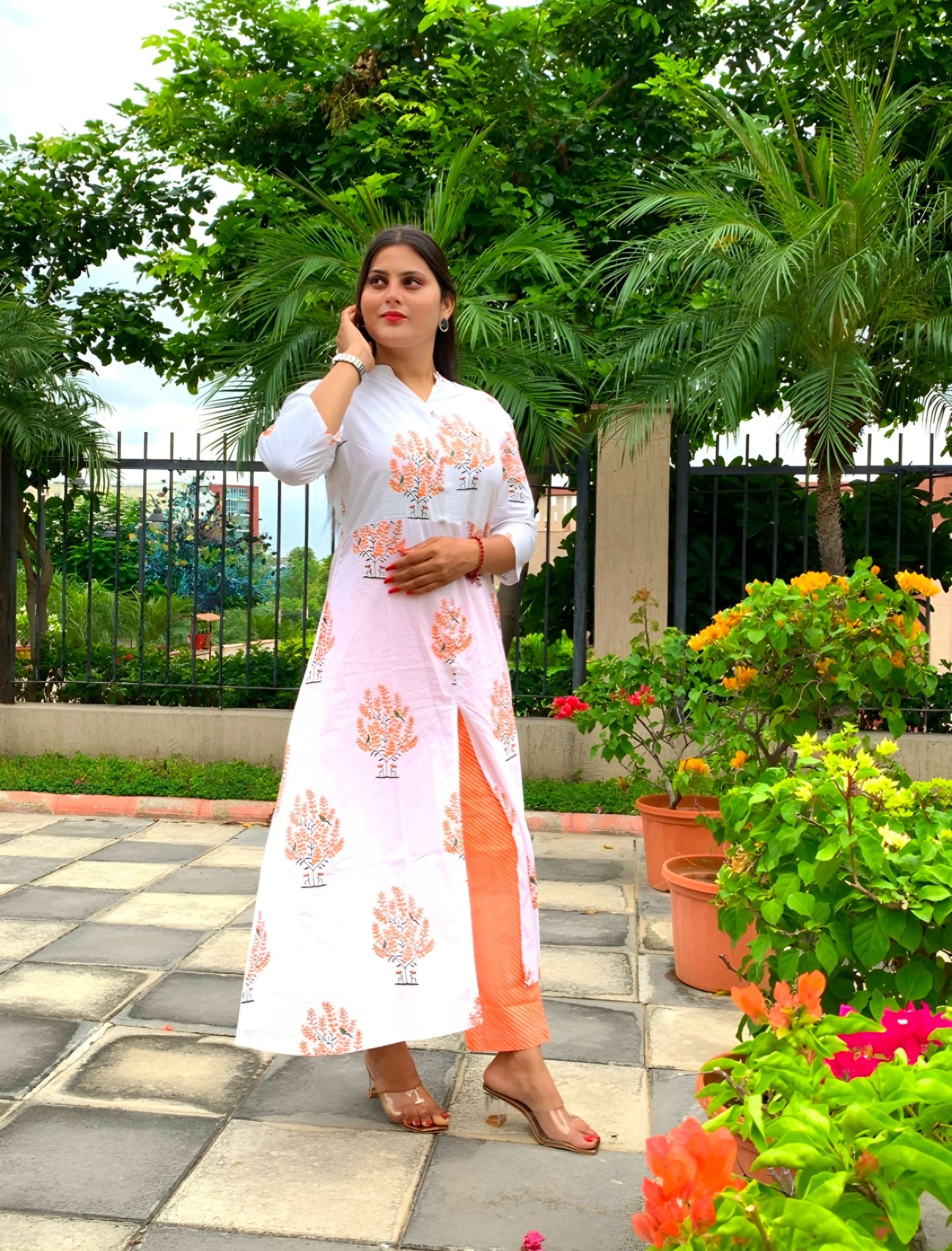 Vedic Orange Printed A-Line Kurta with Pant - Vedic Apparel Private Limited