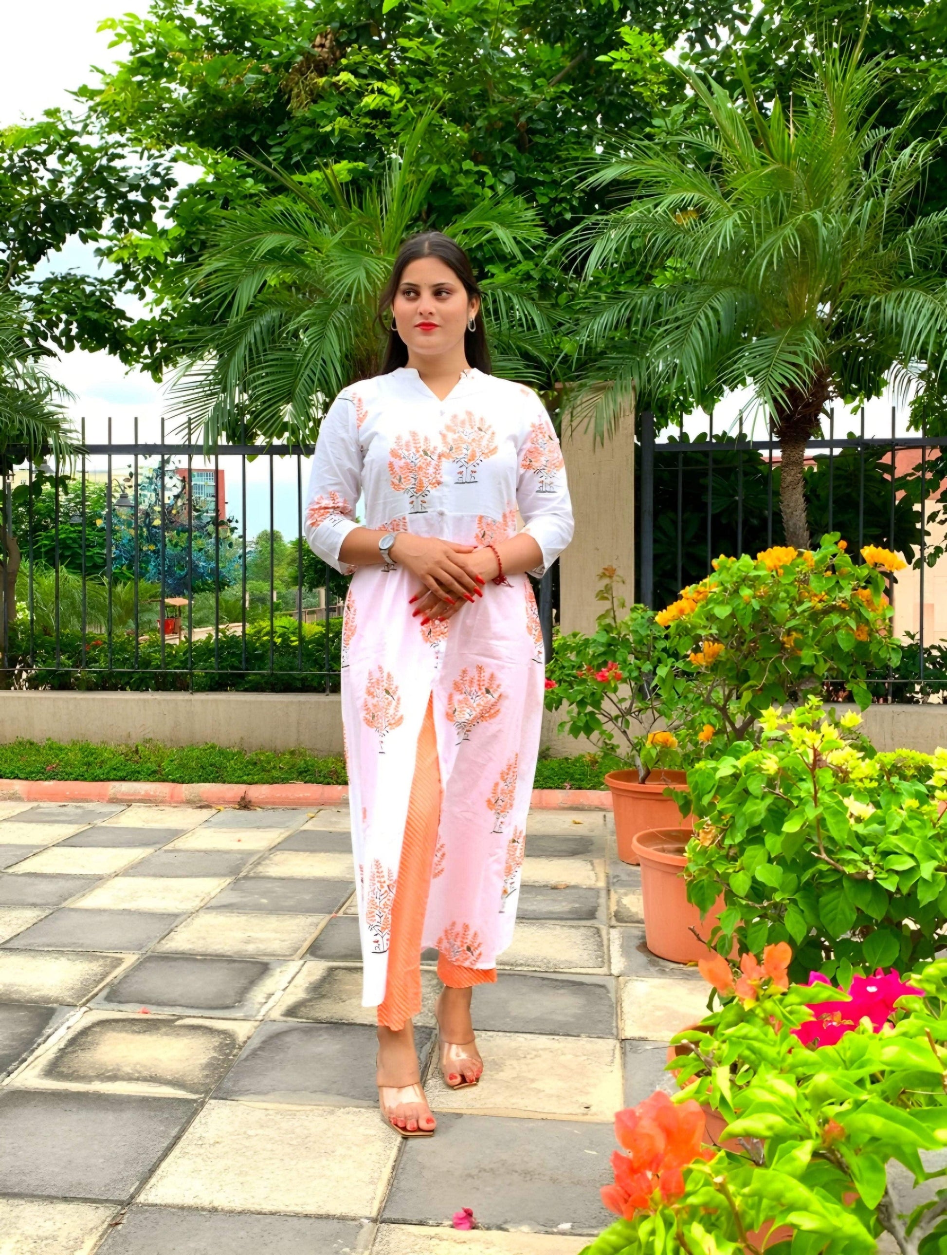 Vedic Orange Printed A-Line Kurta with Pant - Vedic Apparel Private Limited