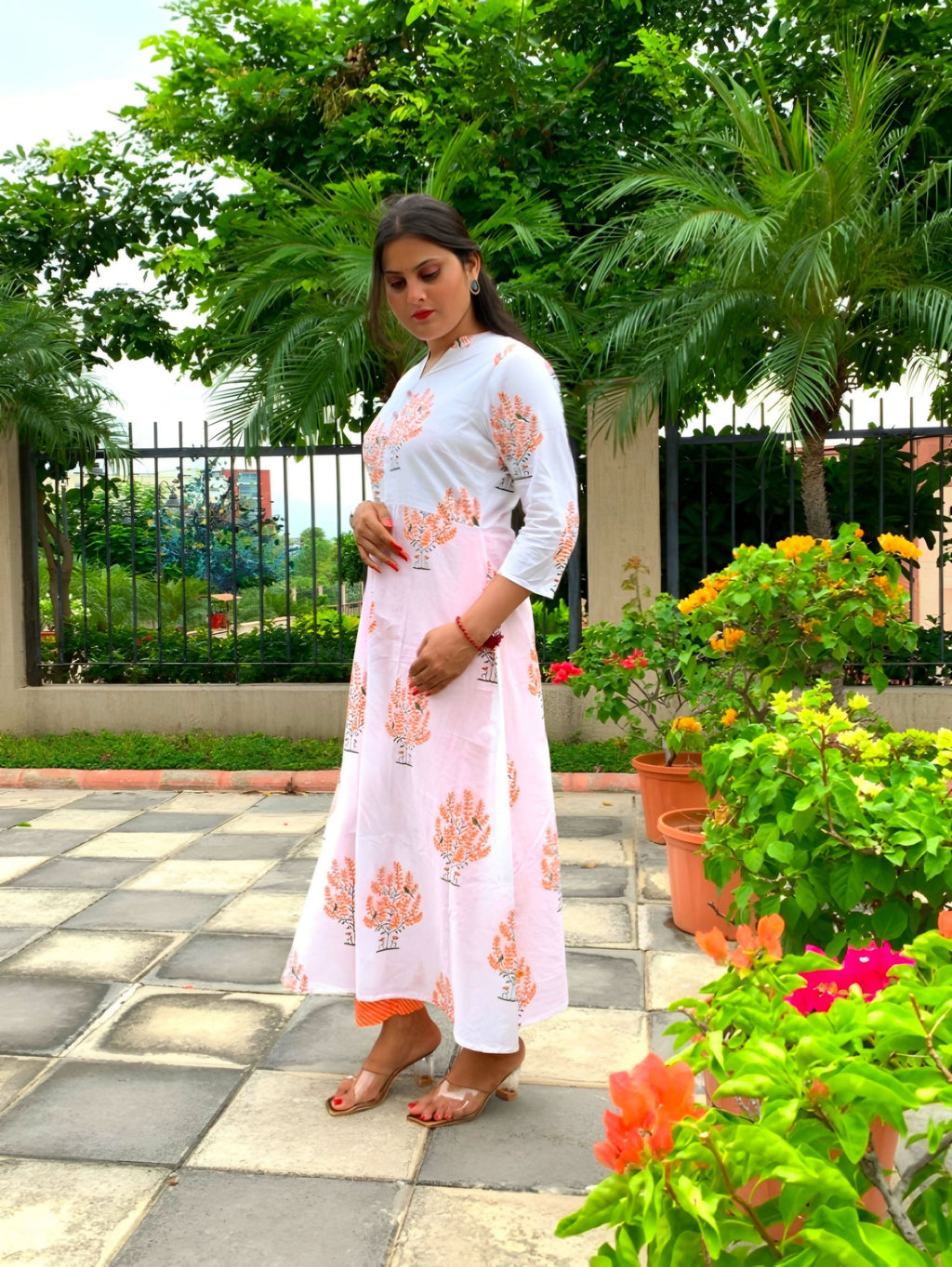 Vedic Orange Printed A-Line Kurta with Pant - Vedic Apparel Private Limited