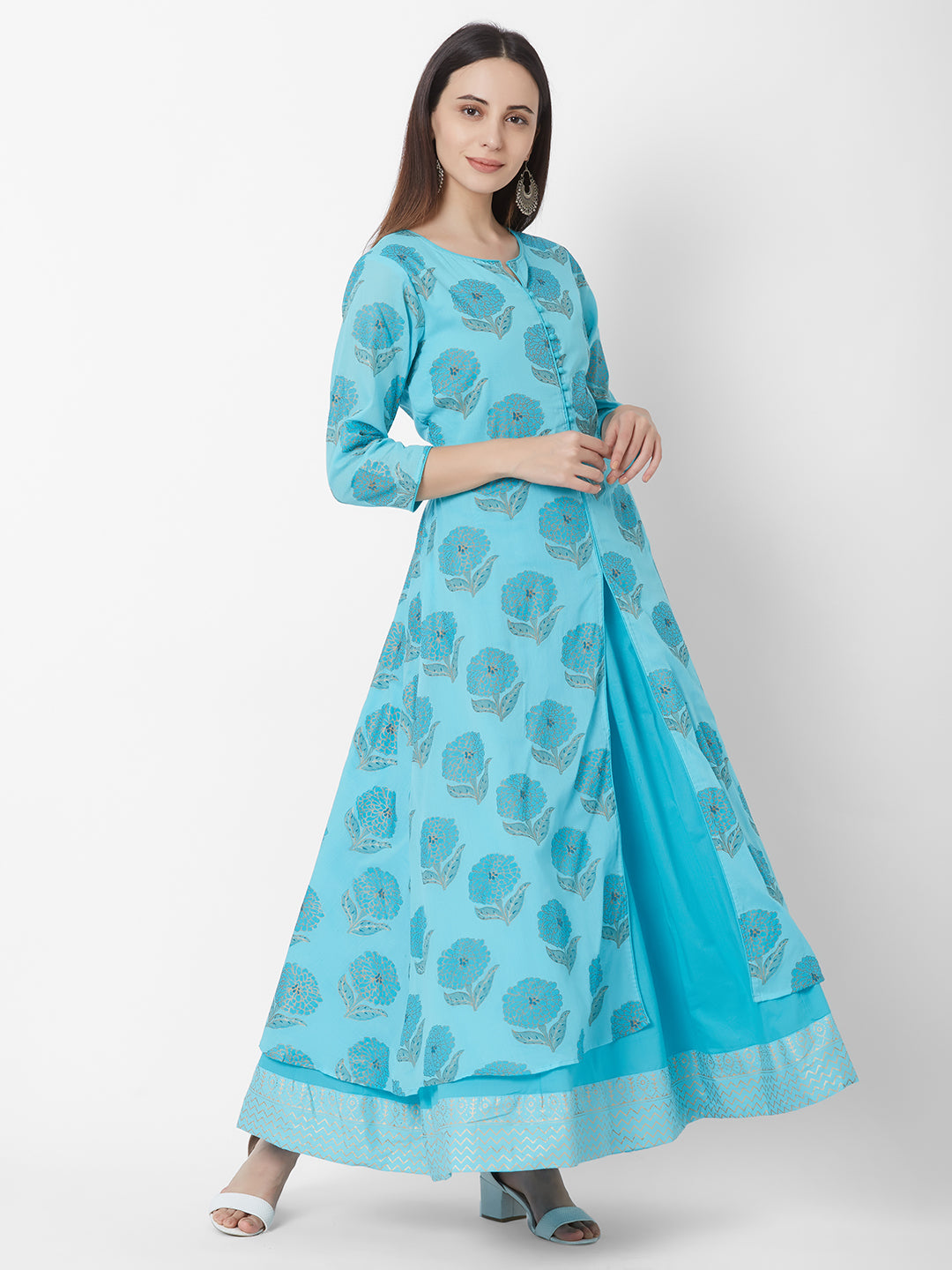 Vedic Blue Floral Printed Pure Cotton Anarkali Kurti