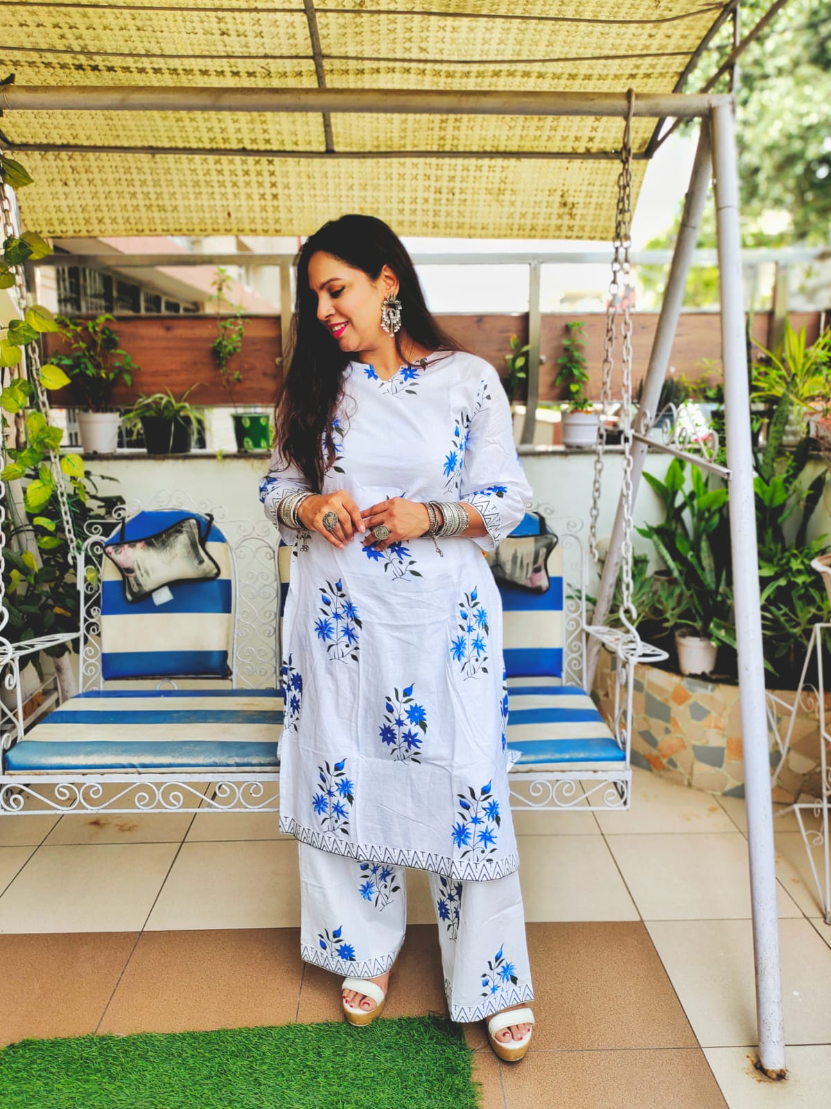 Vedic White Blue All Over Floral Print Top And Bottom