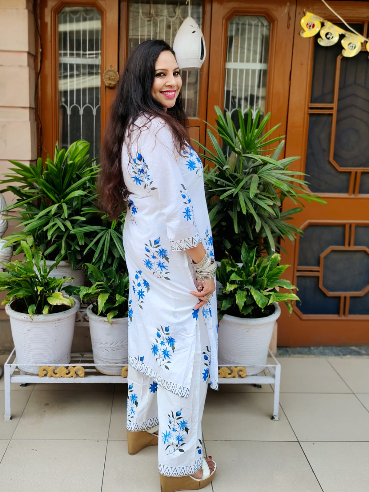 Vedic White Blue All Over Floral Print Top And Bottom