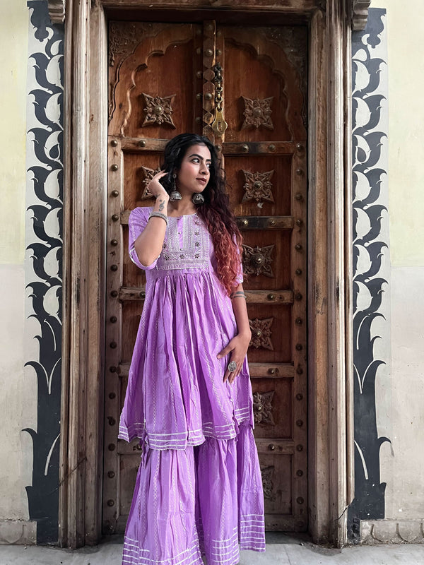 Women Lavender Embroidery Printed Empire Liva Kurta with Sharara