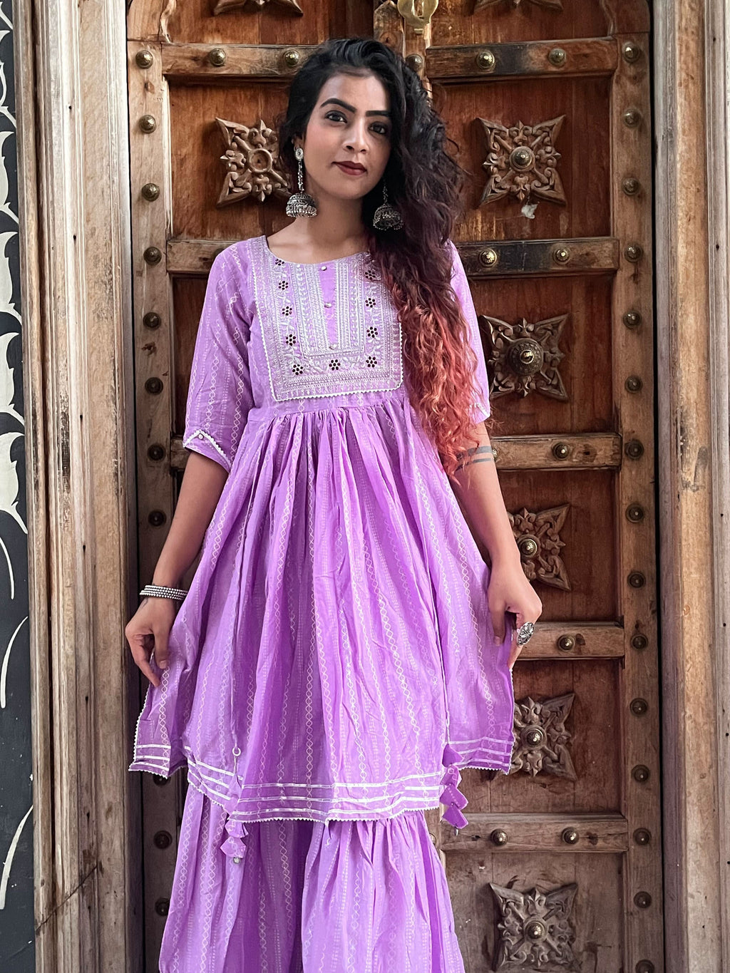 Women Lavender Embroidery Printed Empire Liva Kurta with Sharara - Vedic Apparel Private Limited