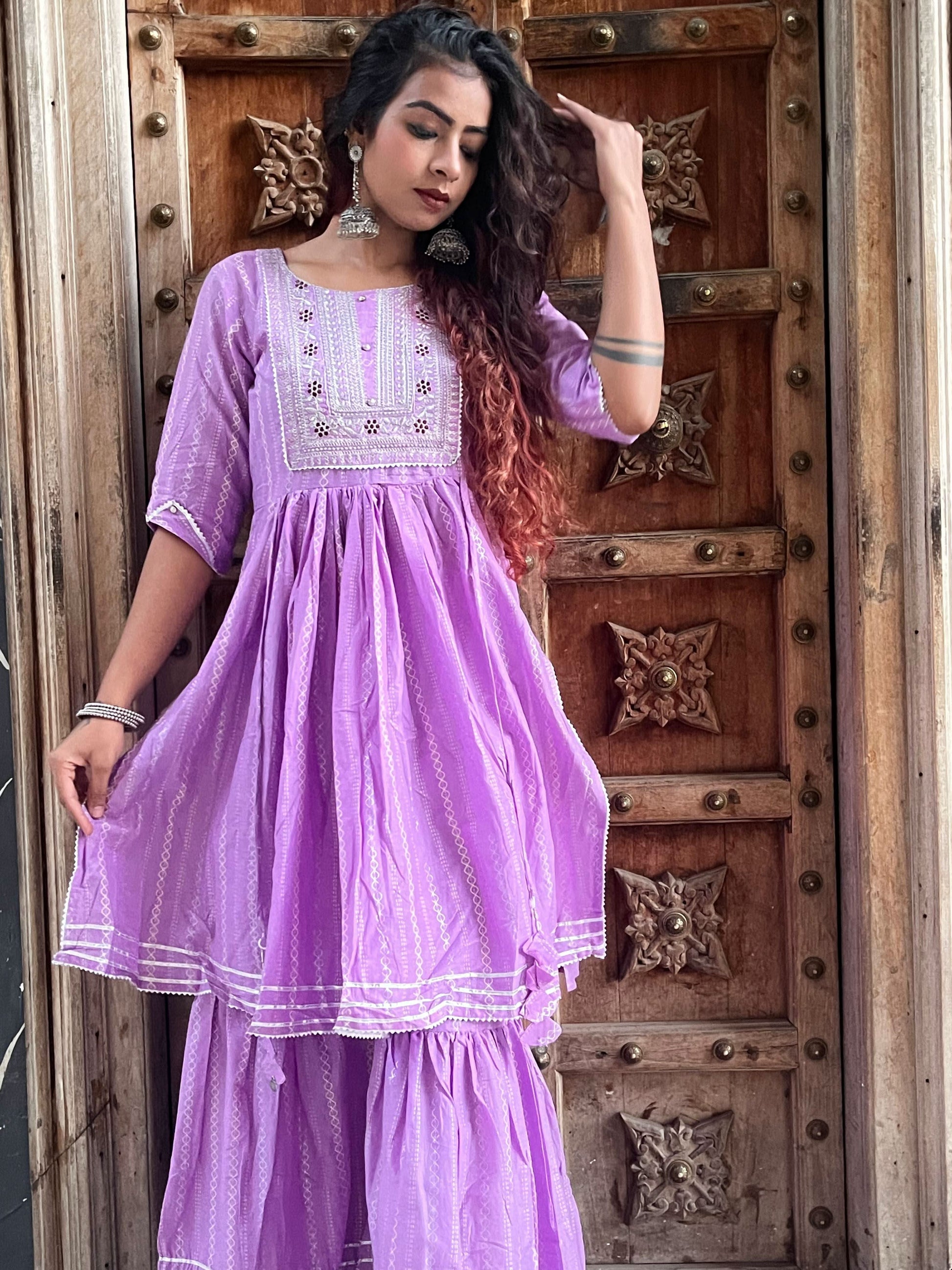 Women Lavender Embroidery Printed Empire Liva Kurta with Sharara - Vedic Apparel Private Limited