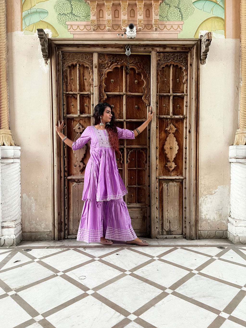 Women Lavender Embroidery Printed Empire Liva Kurta with Sharara - Vedic Apparel Private Limited