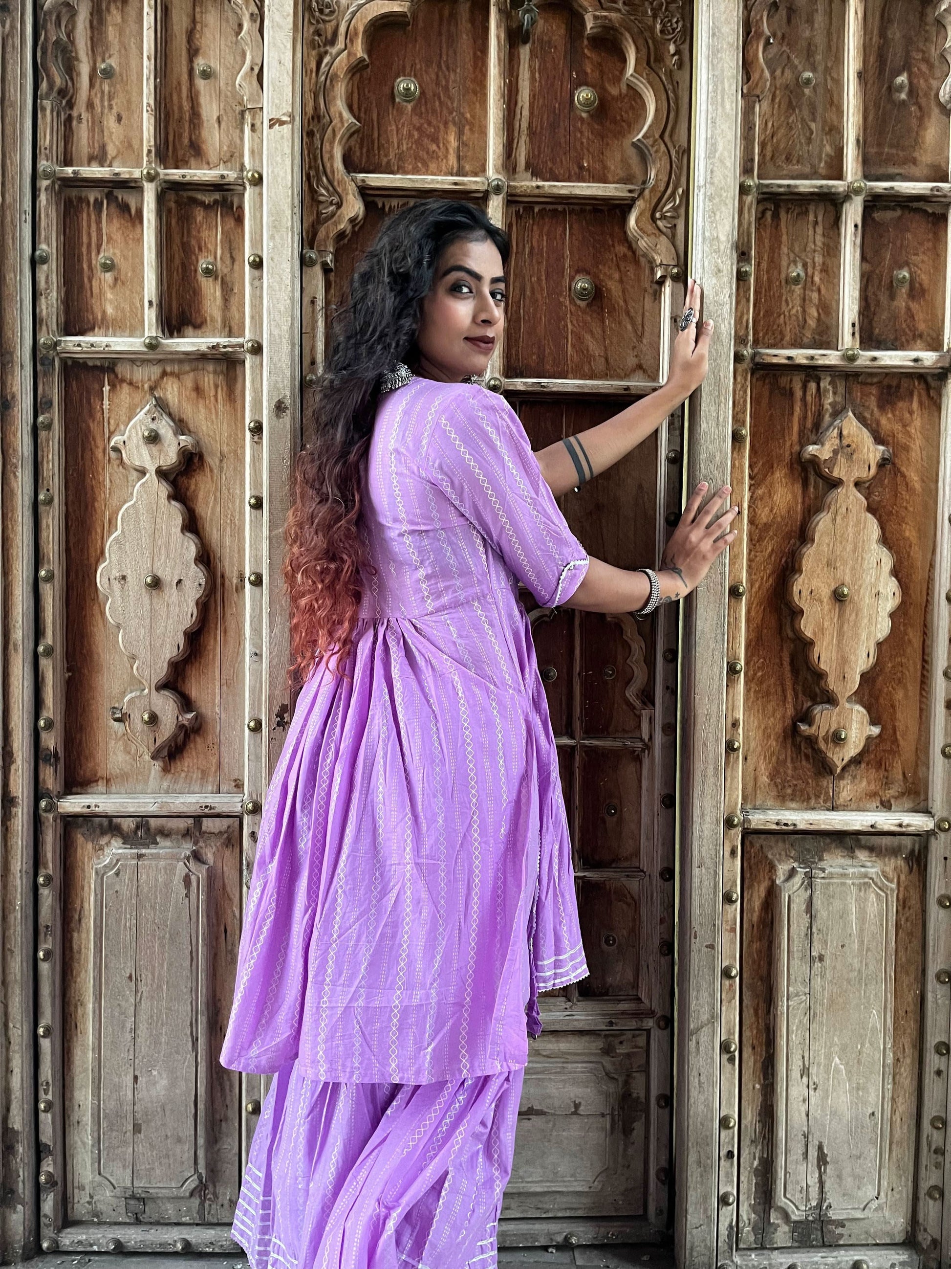 Women Lavender Embroidery Printed Empire Liva Kurta with Sharara - Vedic Apparel Private Limited