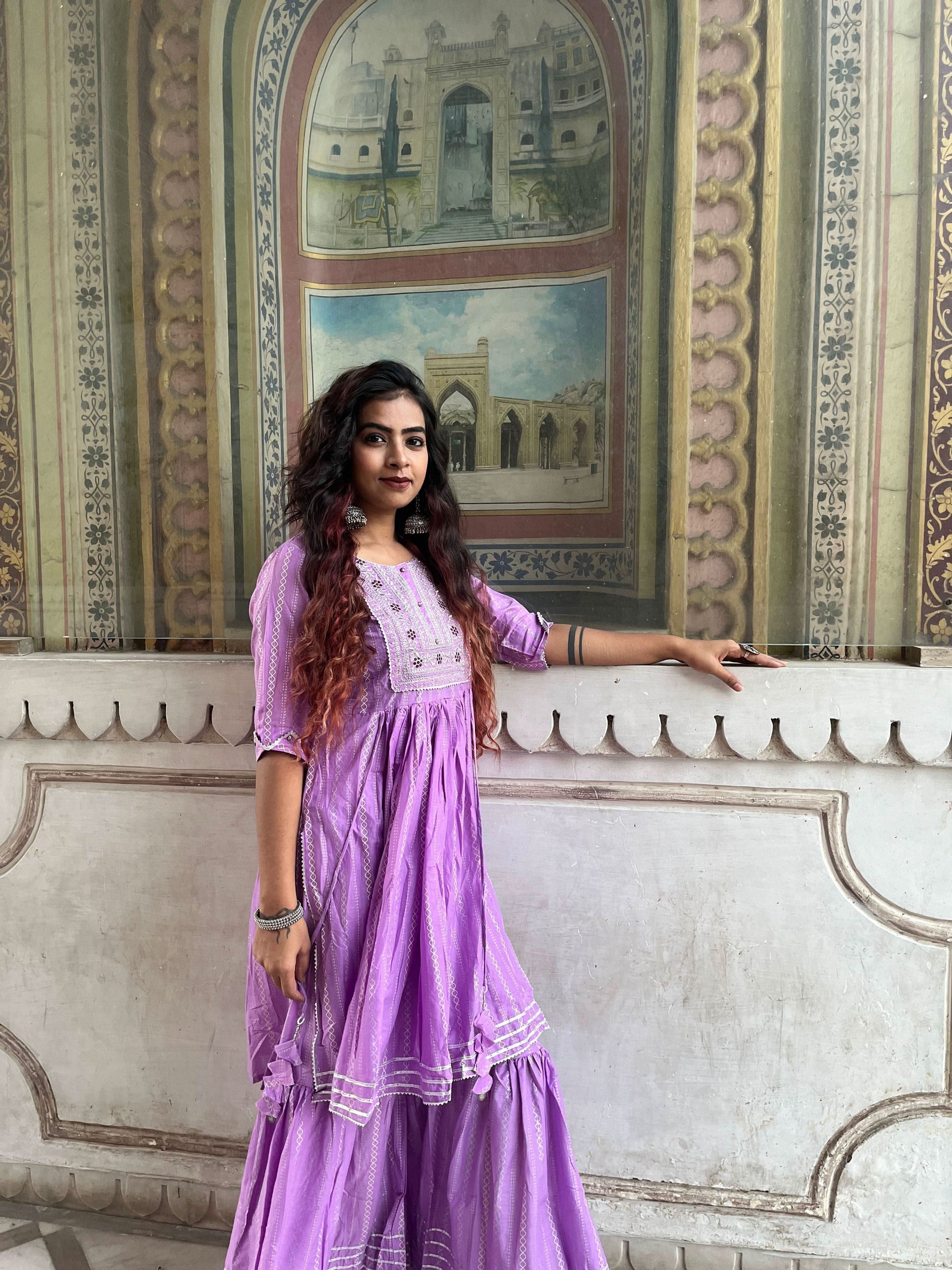Women Lavender Embroidery Printed Empire Liva Kurta with Sharara - Vedic Apparel Private Limited