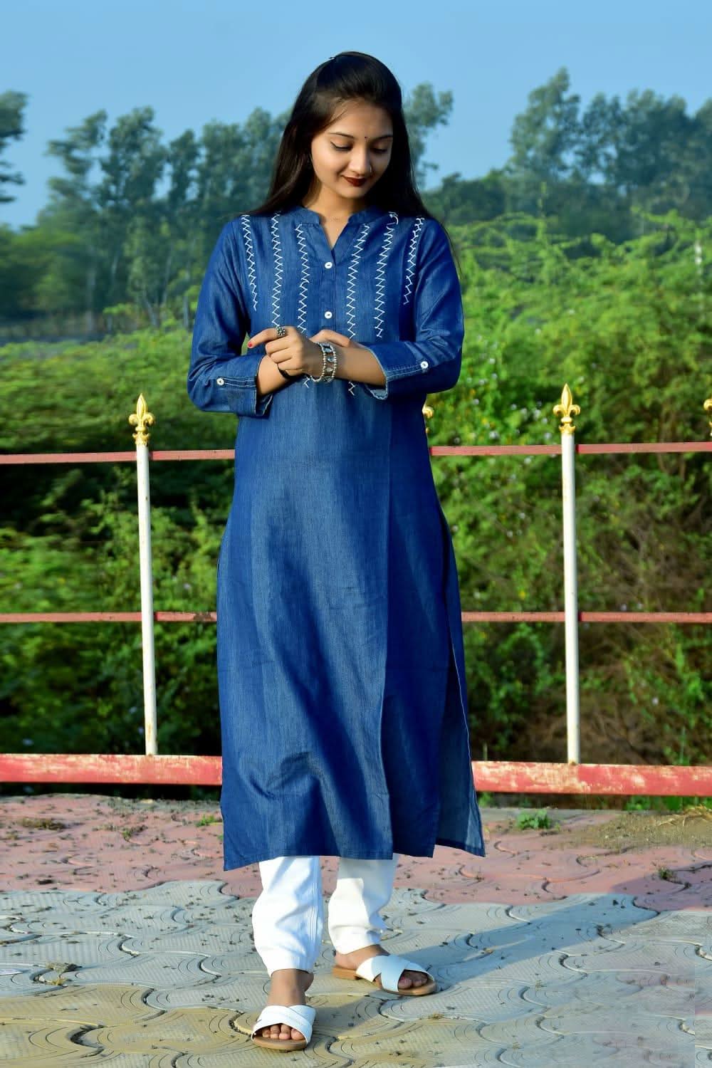 Vedic Blue Straight Kurta with Thread Work - Vedic Apparel Private Limited