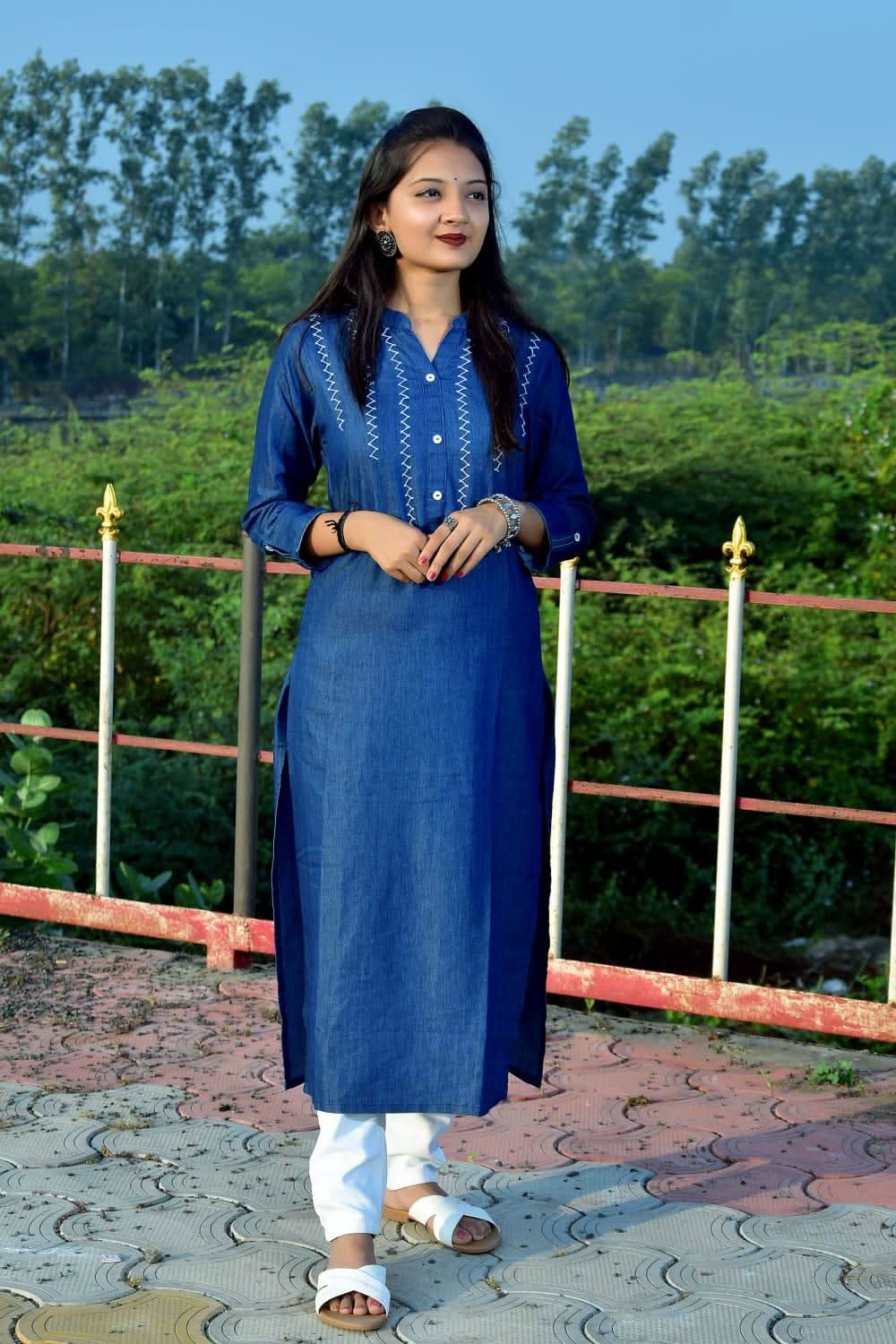 Vedic Blue Straight Kurta with Thread Work - Vedic Apparel Private Limited