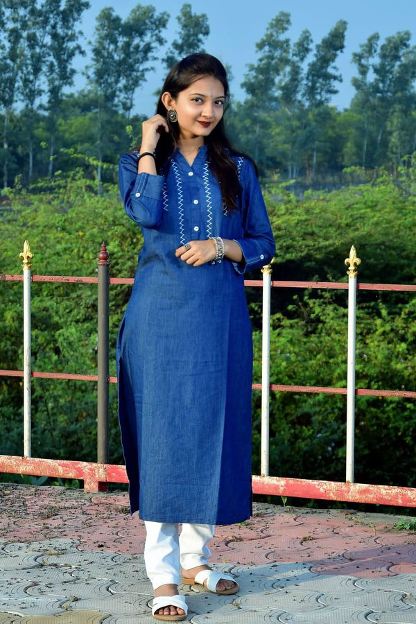 Vedic Blue Straight Kurta with Thread Work