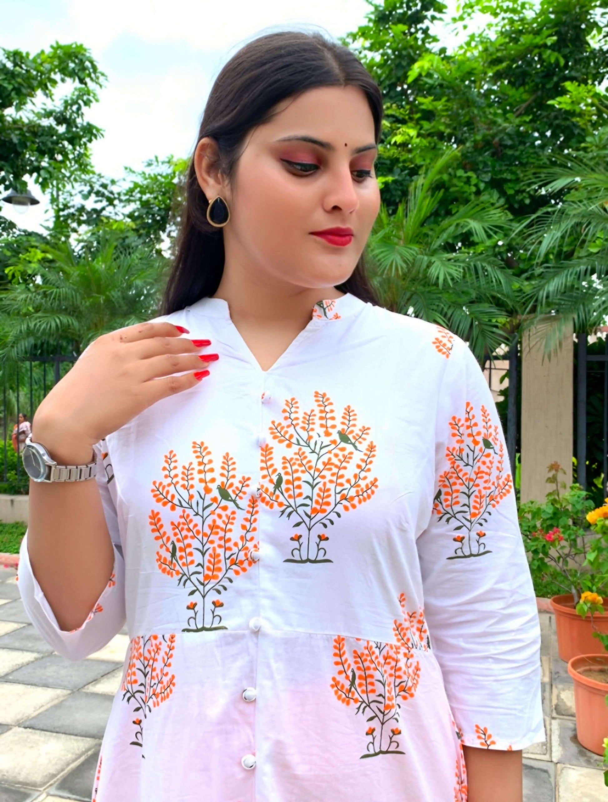 Vedic Orange Printed A-Line Kurta with Pant - Vedic Apparel Private Limited