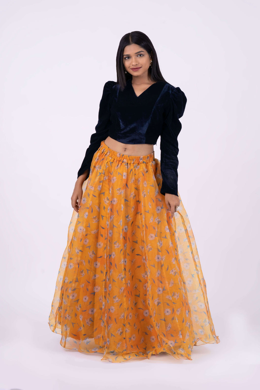 Vedic Orange Floral Printed Skirt For Women - Vedic Apparel Private Limited