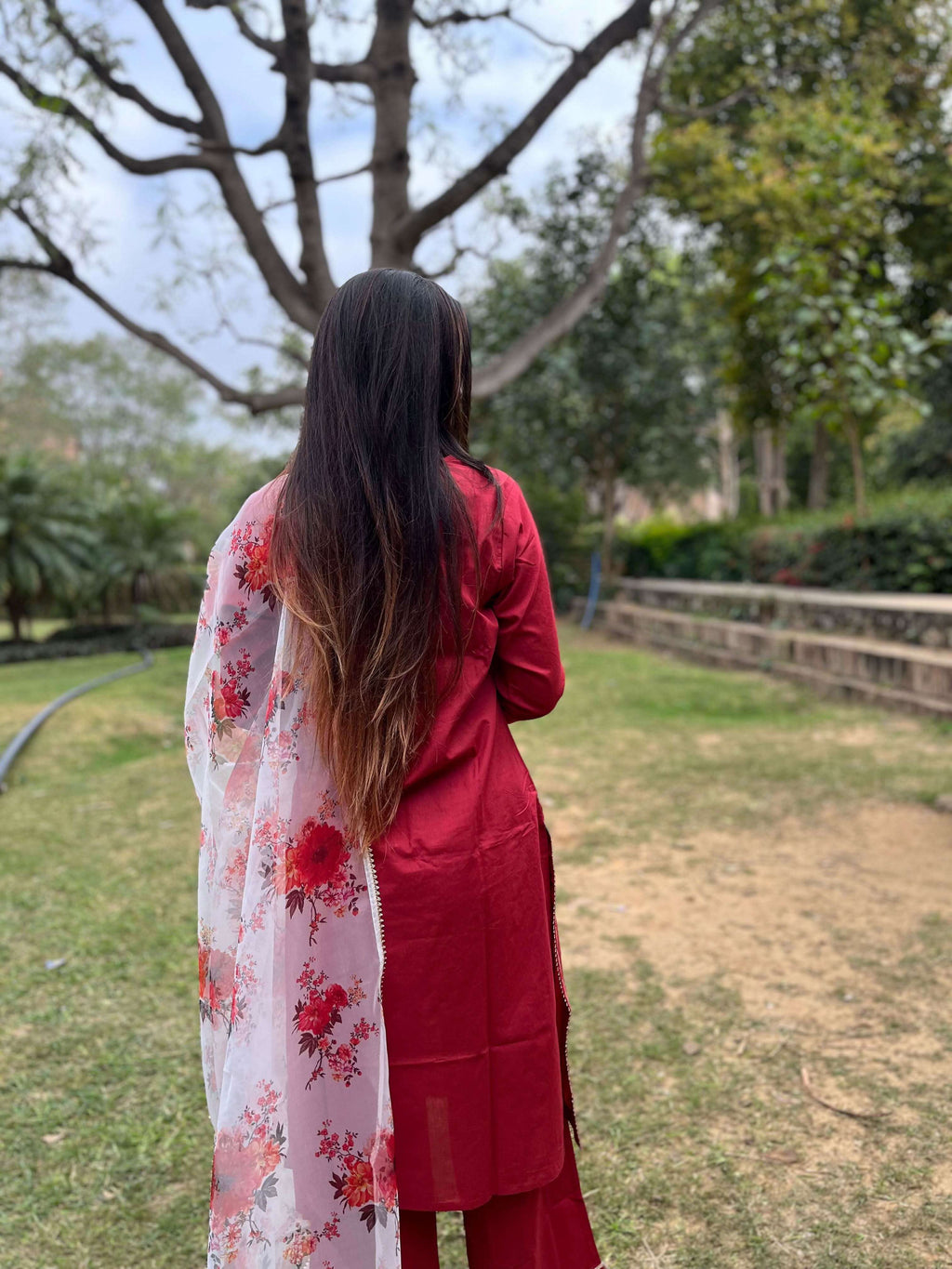 Vedic Ethnic Motifs Red Straight kurta plazzo with Dupatta - Vedic Apparel Private Limited